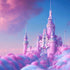 A digital illustration of a fairytale castle with pink and white towers emerging from pink and blue clouds, reminiscent of a whimsical fantasy setting.