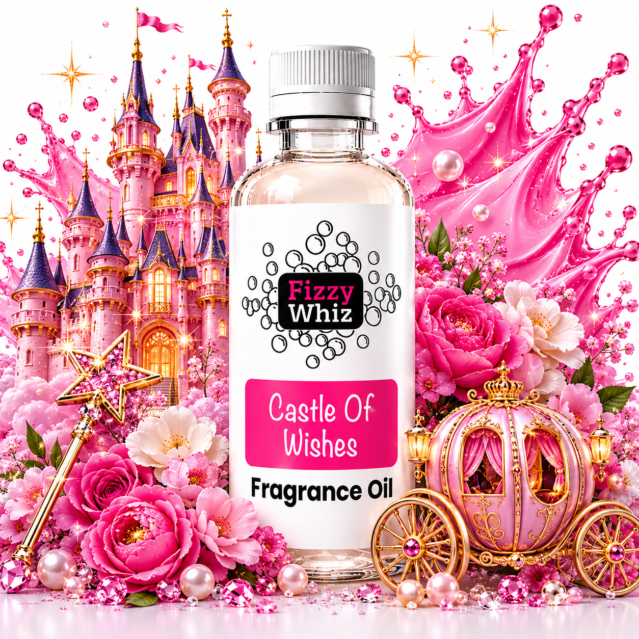A bottle of Fizzy Whiz 'Castle Of Wishes' fragrance oil centered against a highly stylized, pink-themed fantasy background featuring a castle, roses, pearls, and a carriage.