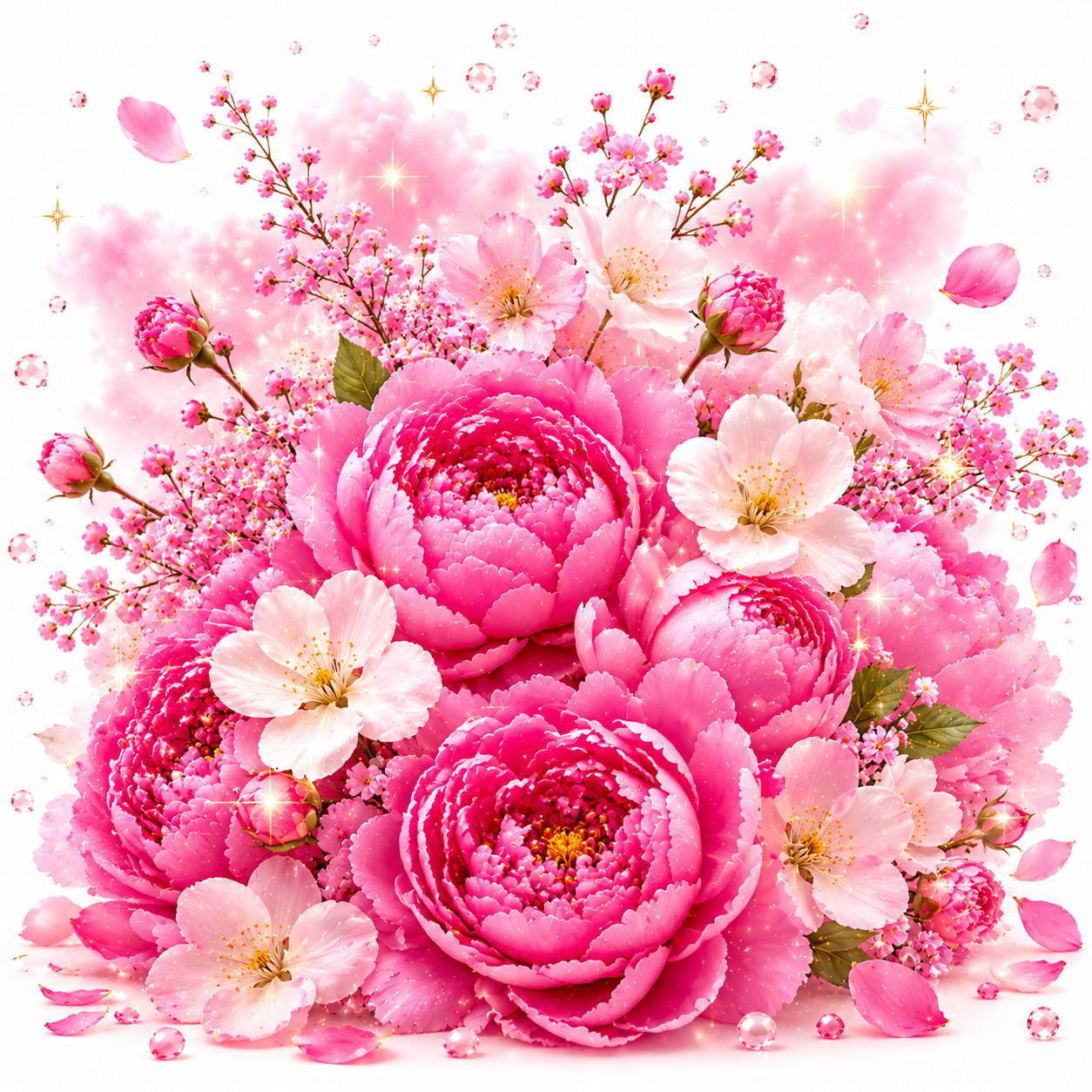A vibrant pink floral arrangement featuring large pink peonies, white cherry blossoms, and delicate pink sprigs with scattered petals and sparkling star-like accents on a white background.