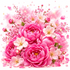 A vibrant pink floral arrangement featuring large pink peonies, white cherry blossoms, and delicate pink sprigs with scattered petals and sparkling star-like accents on a white background.