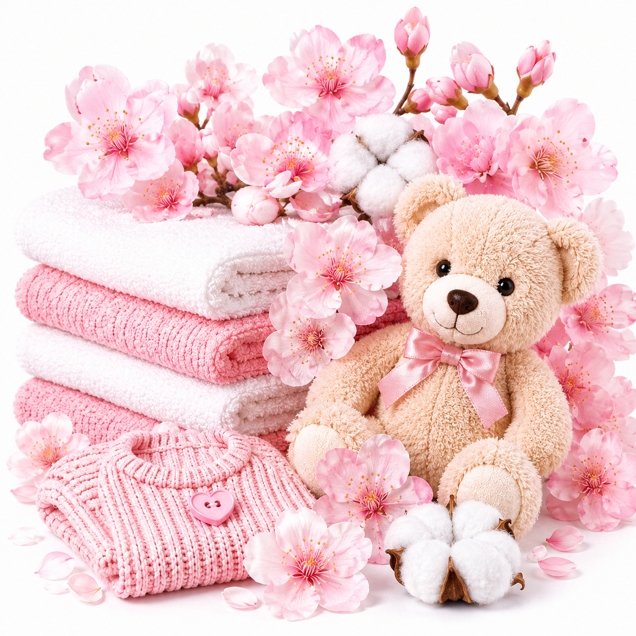A styled gift set featuring a plush teddy bear wearing a pink bow, soft pink and white folded towels, a pink knit sweater, cotton bolls, and pink blossoms on a clean white background.
