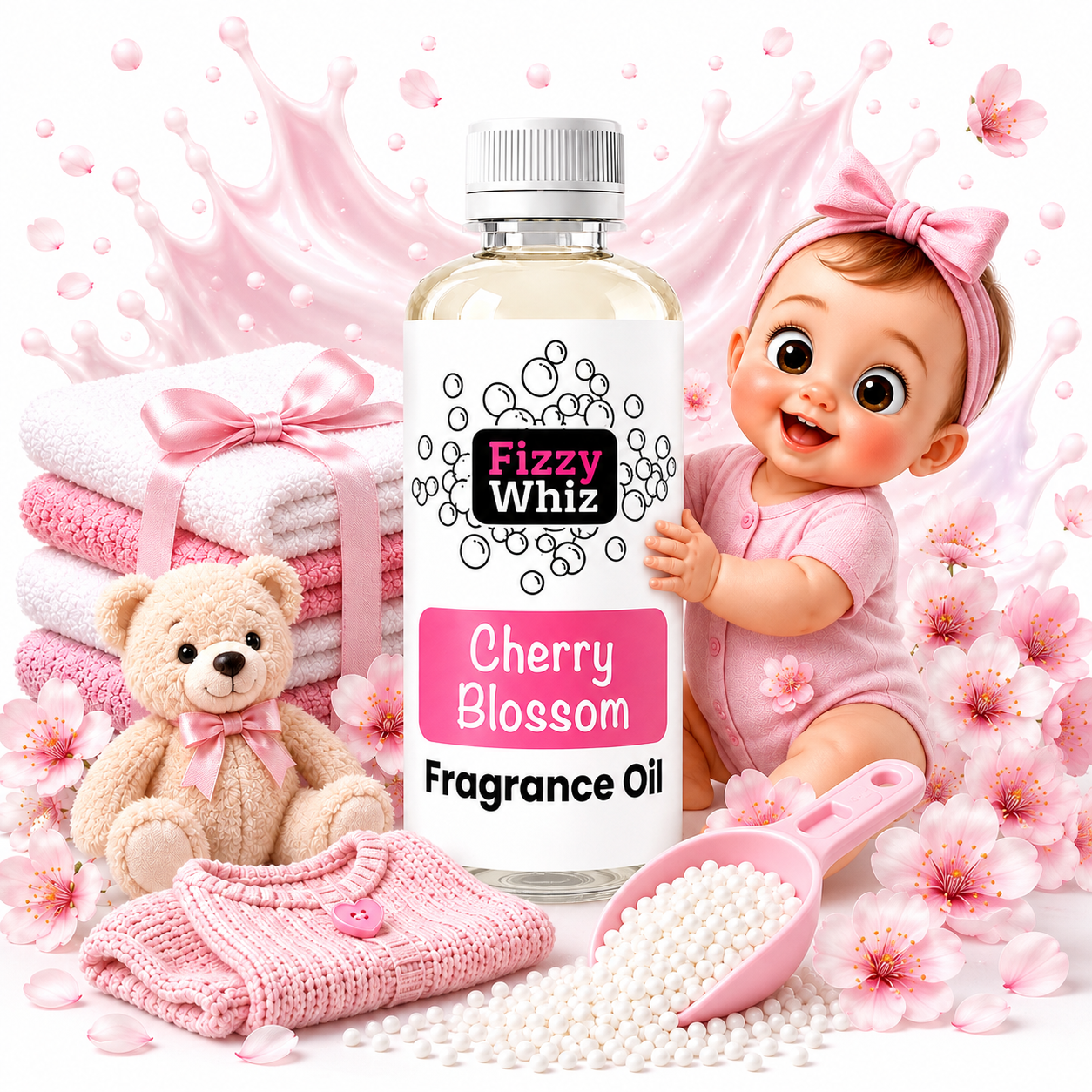 A bottle of Fizzy Whiz Cherry Blossom Fragrance Oil is centered, surrounded by pink-themed props including a baby doll, folded pink towels, a teddy bear, a pink knit sweater, a scoop of white beads, and cherry blossoms on a white background with pink splash graphics.