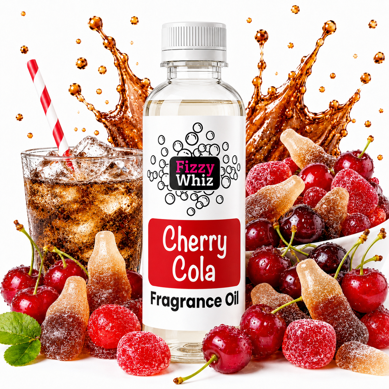 A bottle of Fizzy Whiz Cherry Cola fragrance oil stands centered on a white background, surrounded by cherries, sugar-dusted gummy candies, a glass of cola with a striped straw, and dramatic caramel splash graphics. The bottle label reads 'Fizzy Whiz' and 'Cherry Cola Fragrance Oil.