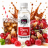 A bottle of Fizzy Whiz Cherry Cola fragrance oil stands centered on a white background, surrounded by cherries, sugar-dusted gummy candies, a glass of cola with a striped straw, and dramatic caramel splash graphics. The bottle label reads 'Fizzy Whiz' and 'Cherry Cola Fragrance Oil.