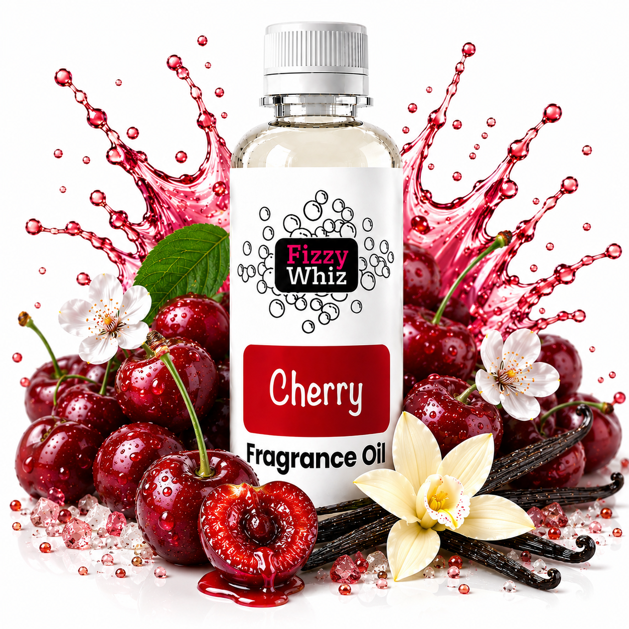 A bottle of Fizzy Whiz Cherry Fragrance Oil centered on a white background, surrounded by glossy cherries, vanilla beans, white flowers, and red liquid splashes. The bottle label reads 'Fizzy Whiz' and 'Cherry Fragrance Oil'.