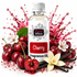A bottle of Fizzy Whiz Cherry Fragrance Oil centered on a white background, surrounded by glossy cherries, vanilla beans, white flowers, and red liquid splashes. The bottle label reads 'Fizzy Whiz' and 'Cherry Fragrance Oil'.
