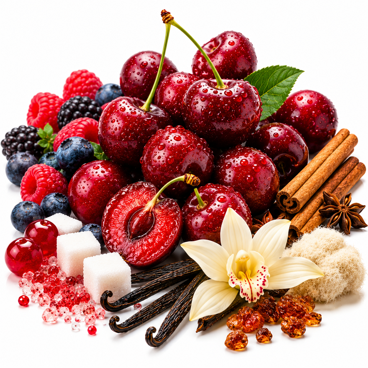 A styled arrangement of fresh cherries, mixed berries, cinnamon sticks, vanilla beans, star anise, sugar cubes, amber pieces, and a white flower on a clean white background.