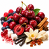 A styled arrangement of fresh cherries, mixed berries, cinnamon sticks, vanilla beans, star anise, sugar cubes, amber pieces, and a white flower on a clean white background.