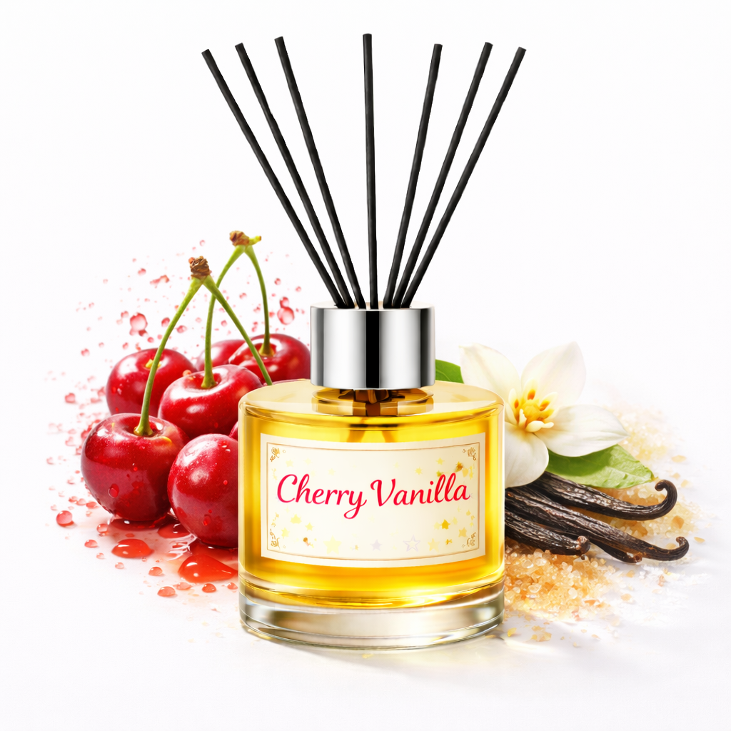 Diffuser bottle labeled 'Cherry Vanilla' with cherry, vanilla bean, and flower elements on a white background