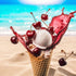 A cone with ice cream and cherries falling on it, set against a beach backdrop, representing the Cherry Vanilla Fragrance Oil.