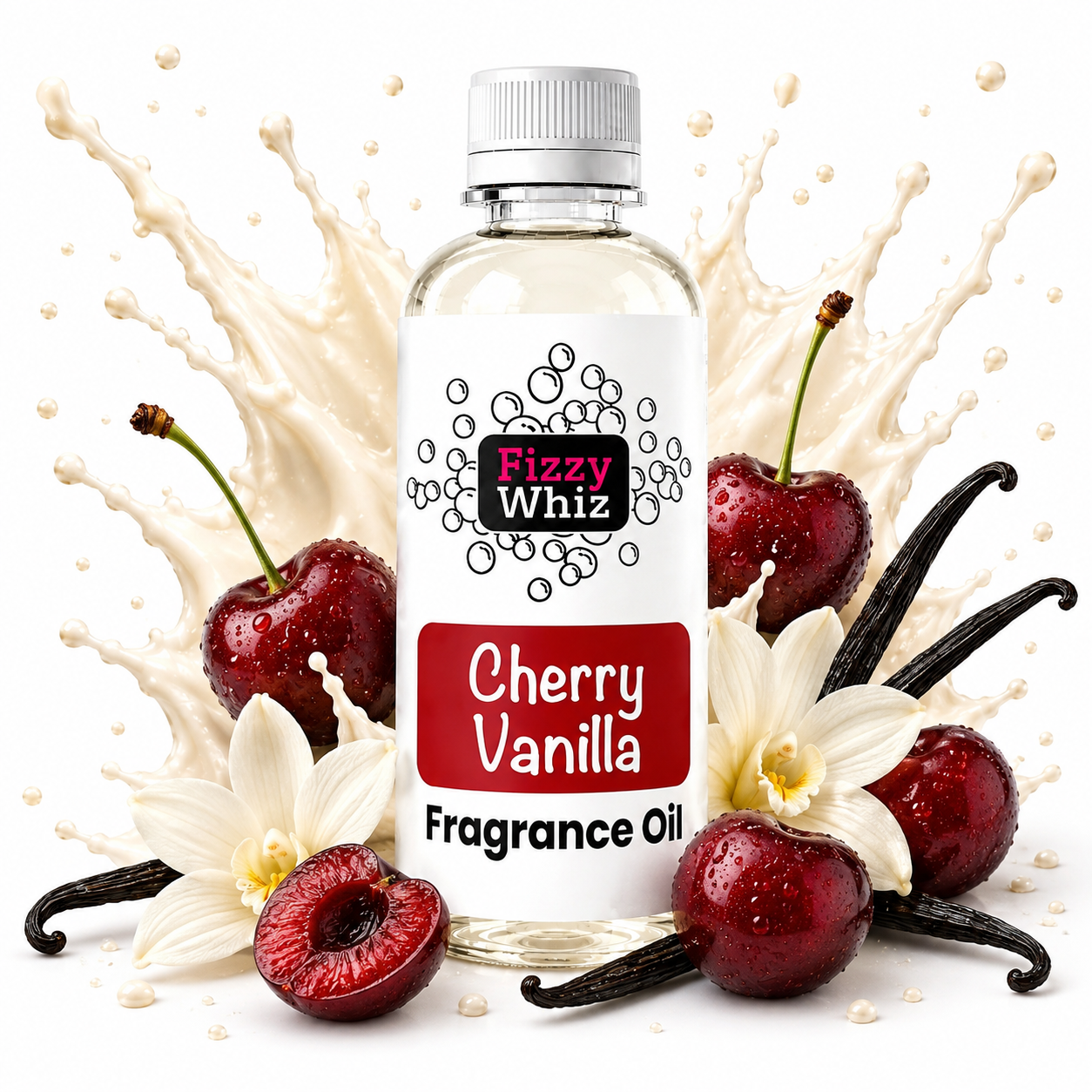 A bottle of Fizzy Whiz Cherry Vanilla Fragrance Oil centered on a white background, surrounded by cherry blossoms, cherries, vanilla beans, and a milk splash graphic that visually represents the scent.