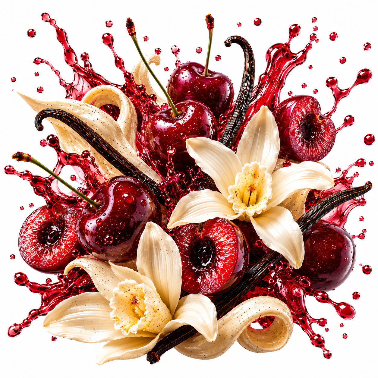 A stylized fruit and spice arrangement on a white background featuring glossy dark red cherries, cream vanilla flowers, and dark brown vanilla beans surrounded by red syrup splash.