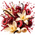 A stylized fruit and spice arrangement on a white background featuring glossy dark red cherries, cream vanilla flowers, and dark brown vanilla beans surrounded by red syrup splash.