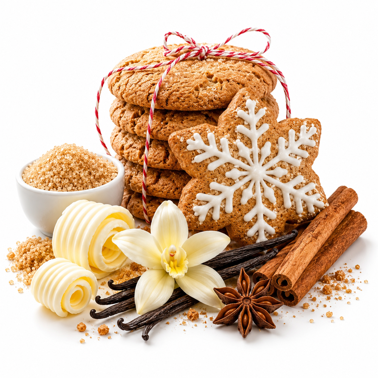 Christmas Cookie fragrance image featuring festive spiced cookies, an iced snowflake biscuit, brown sugar, creamy butter, vanilla pods, cinnamon sticks and star anise on a clean white background.