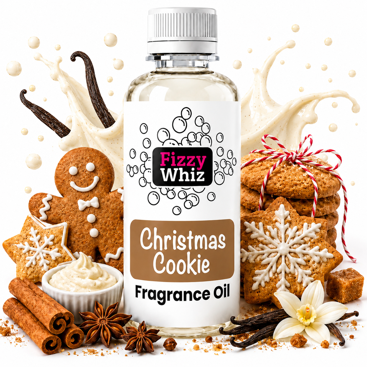 A bottle of Fizzy Whiz Christmas Cookie Fragrance Oil centered on a white background, surrounded by holiday-themed props including gingerbread cookies, cinnamon sticks, vanilla beans, star anise, whipped cream, and a small white flower.