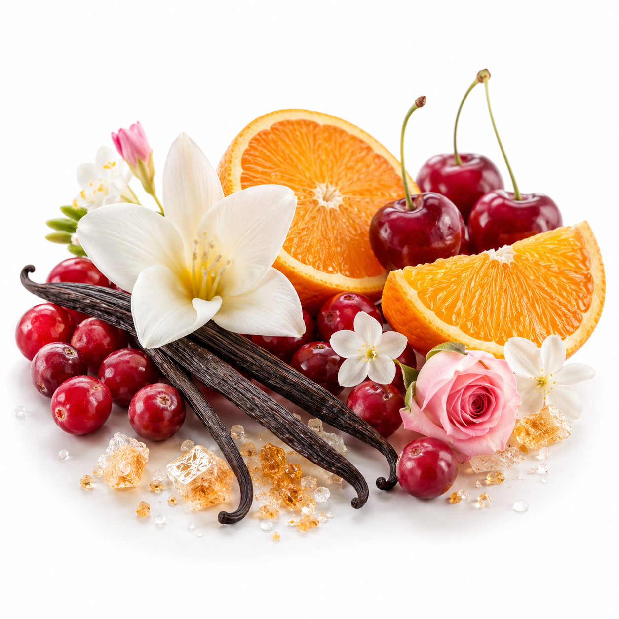 A styled flat-lay of fresh citrus, berries, flowers, and vanilla beans on a white background. Visible ingredients include orange slices, whole and halved oranges, red cranberries, dark cherries, vanilla beans, a white lily flower, a pink rose, small white flowers, and brown sugar crystals.