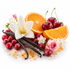 A styled flat-lay of fresh citrus, berries, flowers, and vanilla beans on a white background. Visible ingredients include orange slices, whole and halved oranges, red cranberries, dark cherries, vanilla beans, a white lily flower, a pink rose, small white flowers, and brown sugar crystals.
