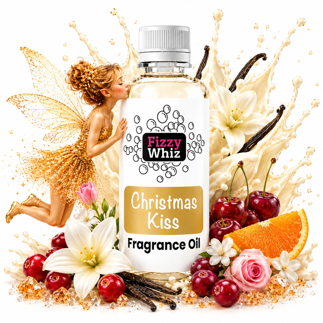A bottle of Fizzy Whiz Christmas Kiss Fragrance Oil centered on a white background, surrounded by decorative graphics of vanilla splashes, cherries, roses, an orange slice, and a fairy illustration. The label reads 'Fizzy Whiz' and 'Christmas Kiss Fragrance Oil.