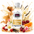 A bottle of Fizzy Whiz Christmas Kiss Fragrance Oil centered on a white background, surrounded by decorative graphics of vanilla splashes, cherries, roses, an orange slice, and a fairy illustration. The label reads 'Fizzy Whiz' and 'Christmas Kiss Fragrance Oil.