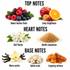 A fragrance notes graphic on a white background with the headings TOP NOTES, HEART NOTES, and BASE NOTES. Top notes show a mix of sweet fruits including cherries, raspberries, blackberries, blueberries, and an orange slice, labeled 'Sweet festive fruits' and 'Juicy brightness.