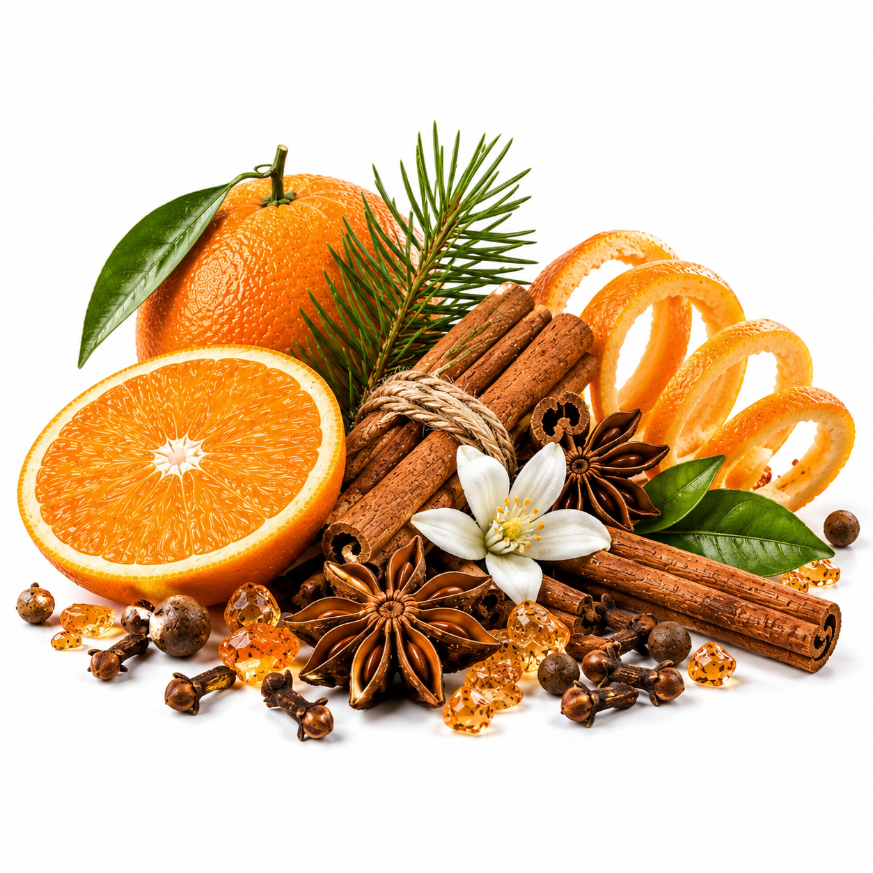 A styled arrangement of orange ingredients on a white background, including a whole orange, a sliced orange half, orange peel curls, cinnamon sticks, star anise, cloves, and a small white flower