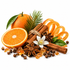 A styled arrangement of orange ingredients on a white background, including a whole orange, a sliced orange half, orange peel curls, cinnamon sticks, star anise, cloves, and a small white flower
