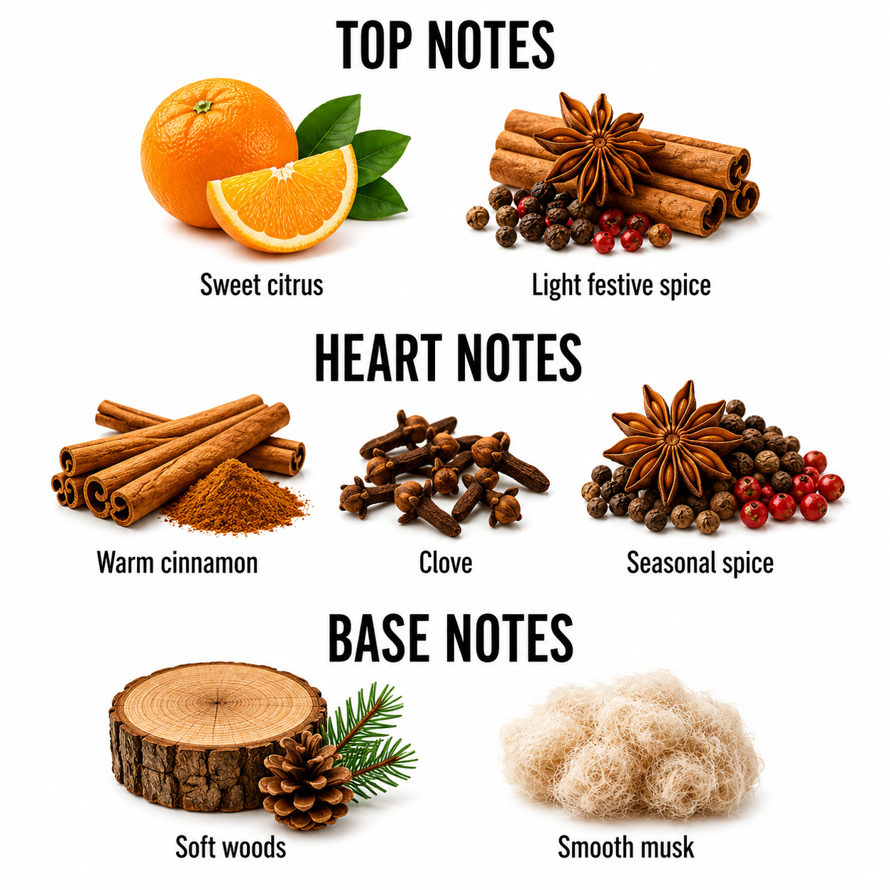 A fragrance notes graphic on a white background showing top, heart, and base notes with labeled illustrations: sweet citrus, light festive spice, warm cinnamon, clove, seasonal spice, soft woods, and smooth musk.
