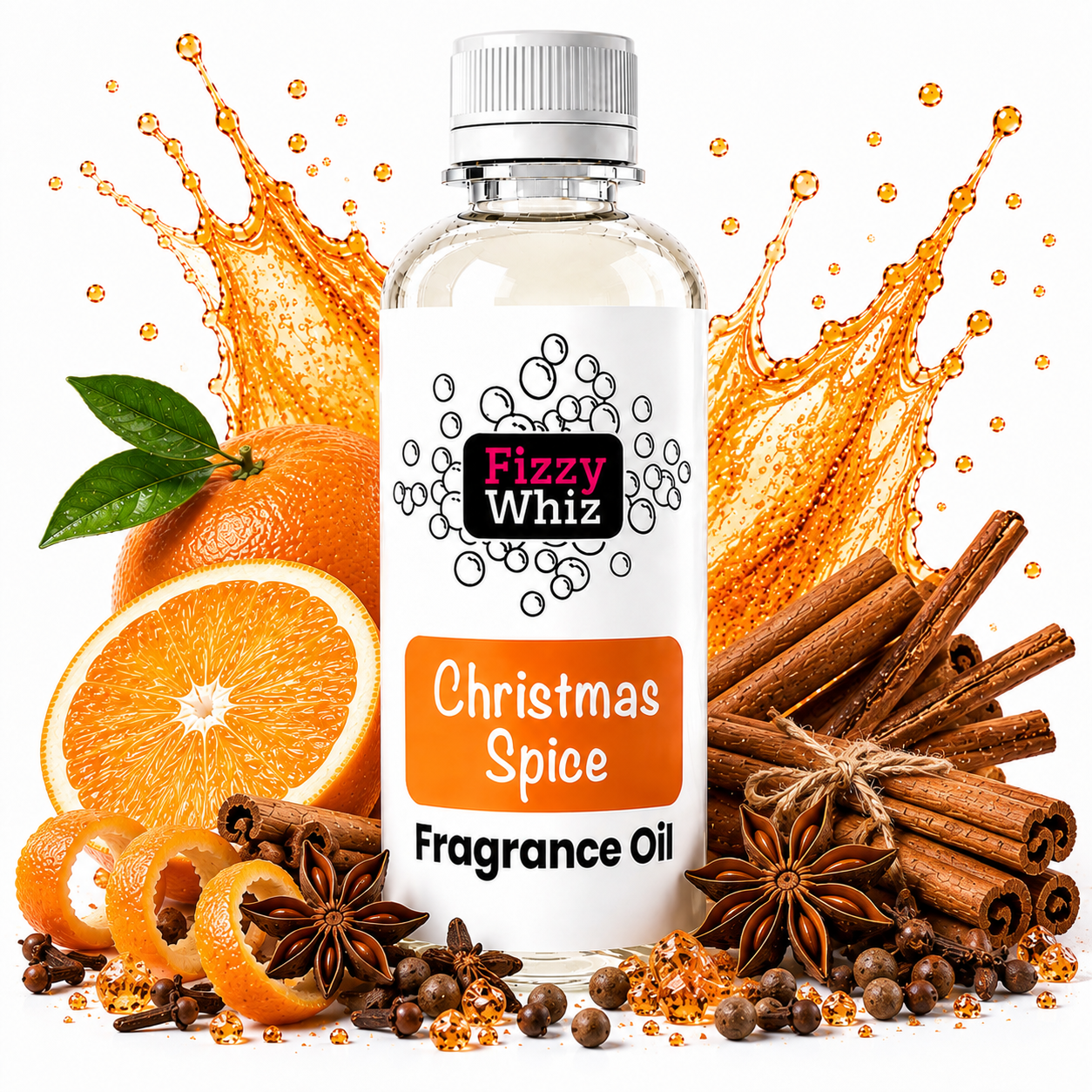 A bottle of Fizzy Whiz Christmas Spice Fragrance Oil centered on a white background, surrounded by orange slices, cinnamon sticks, star anise, and spice seeds, with orange juice splashes behind it