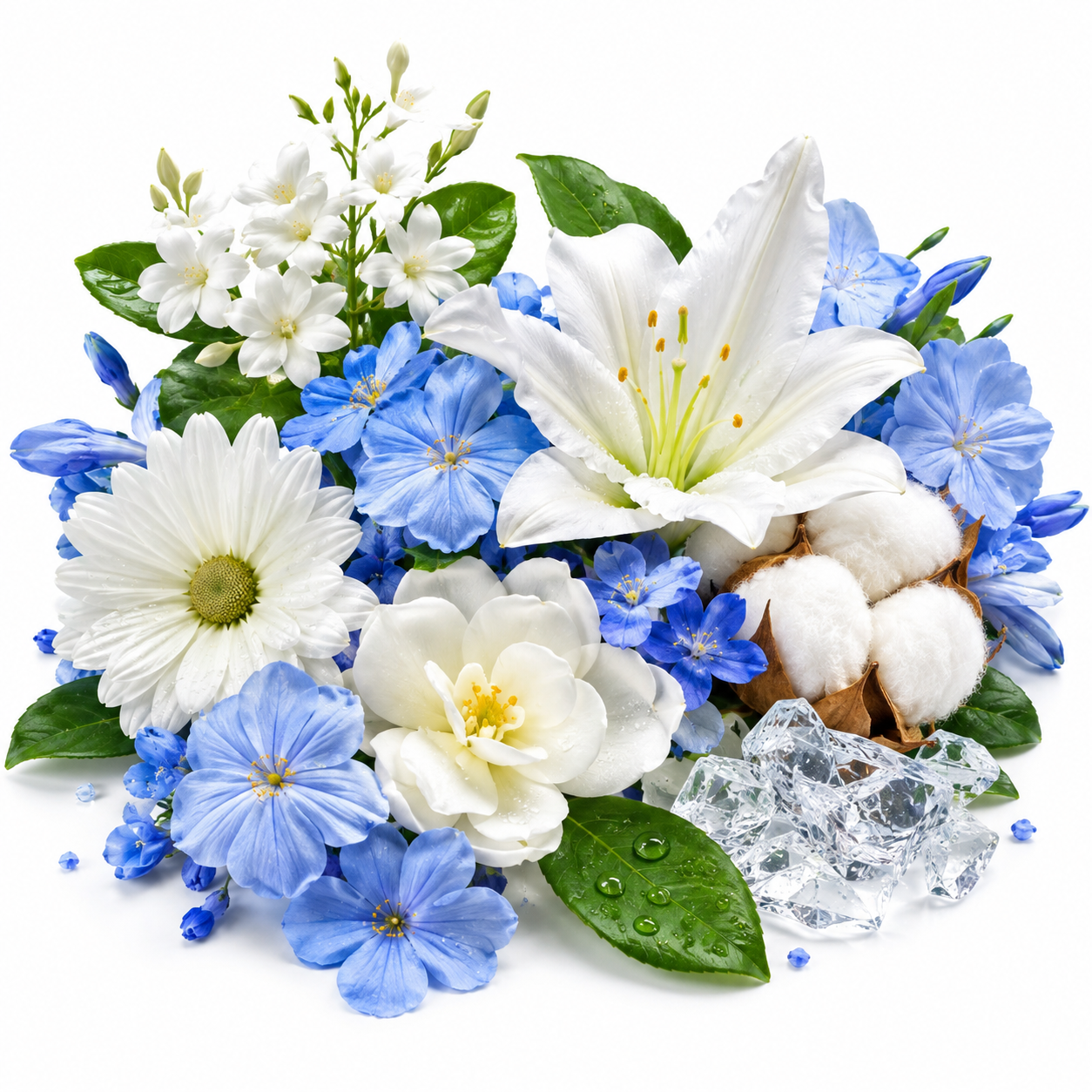 A floral arrangement featuring white and blue flowers, green leaves, cotton bolls, and clear ice crystals on a white background.