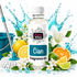 A bottle of Fizzy Whiz Cian Fragrance Oil centered against a white background with a blue water splash graphic. The bottle is surrounded by cleaning and citrus-themed props including a mop bucket, white lilies, lemons, oranges, limes, and small flowers.