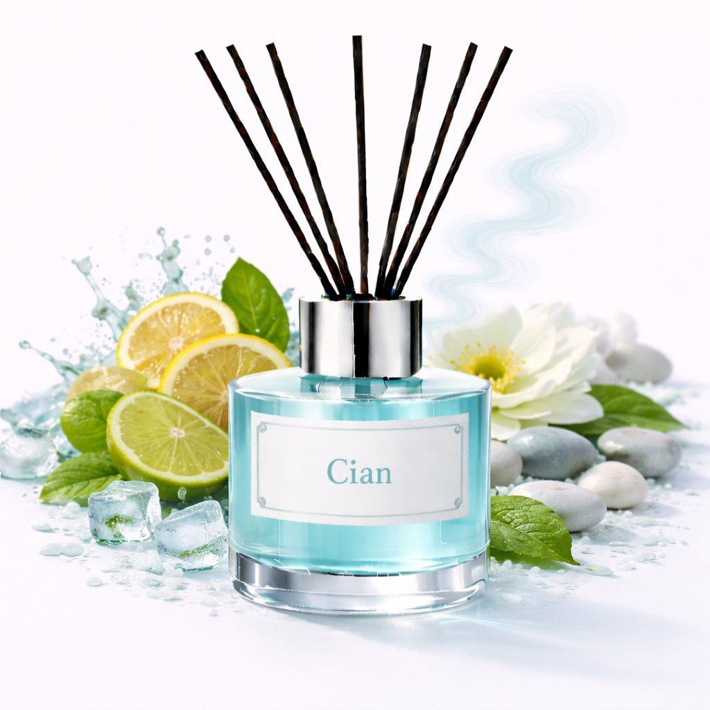 Reed diffuser labeled 'Cian' with lemons, limes, and flowers on a light background