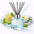Reed diffuser labeled 'Cian' with lemons, limes, and flowers on a light background