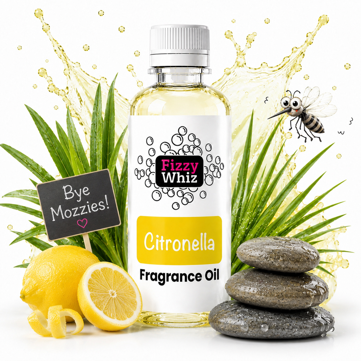 A bottle of Fizzy Whiz Citronella Fragrance Oil centered on a white background, surrounded by lemon slices, green leaves, stacked gray stones, a small sign reading 'Bye Mozzies!', and a cartoon bee with a splash effect behind it.