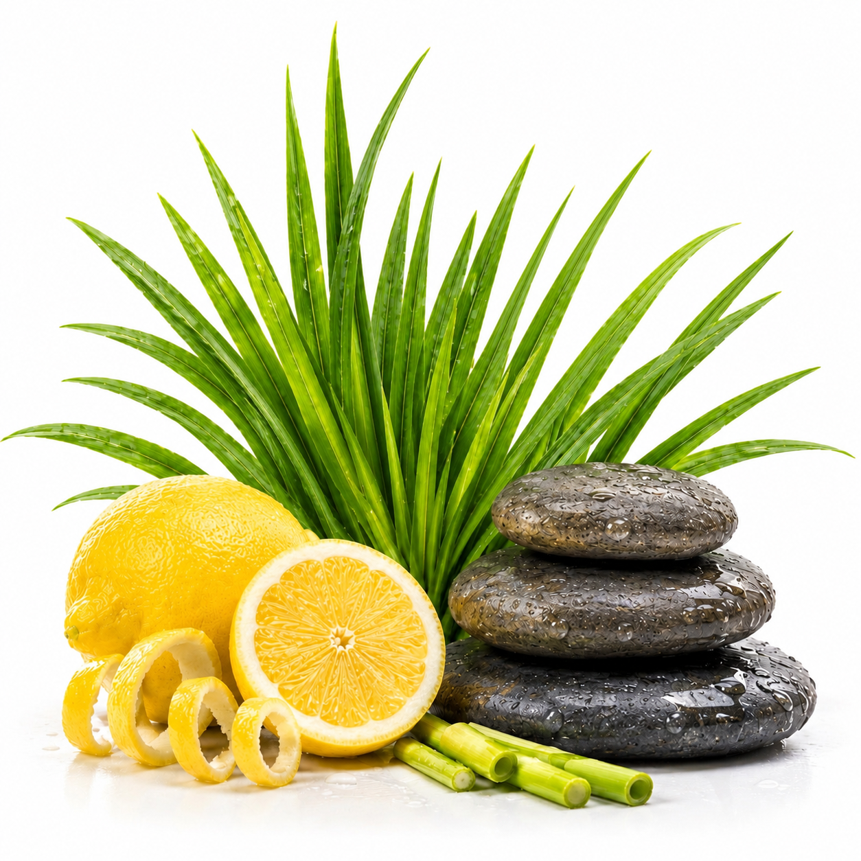 A styled spa-themed arrangement on a white background featuring a whole and sliced yellow lemon with curled peel, a tall green leafy plant, smooth stacked dark gray stones, and small green stems.
