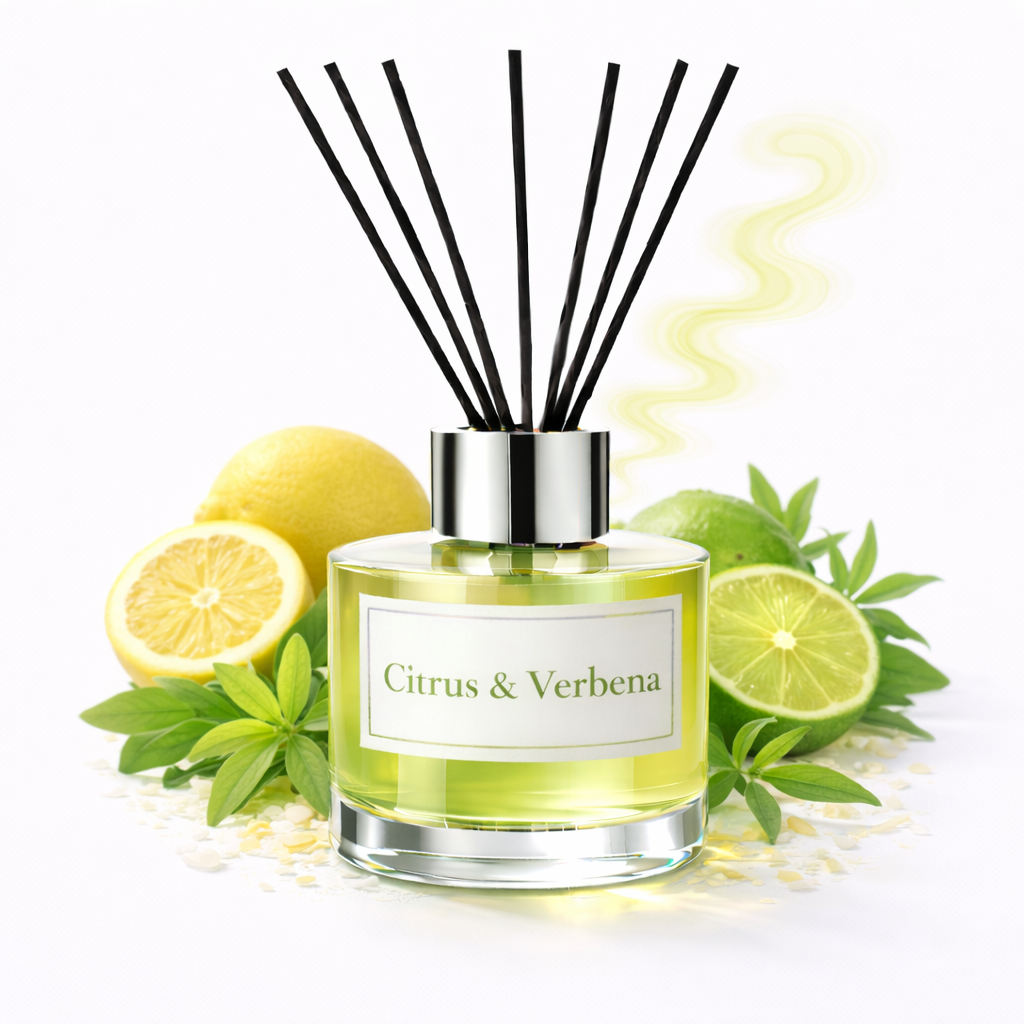 Diffuser bottle labeled 'Citrus & Verbena' with lemons and lime slices on a white background