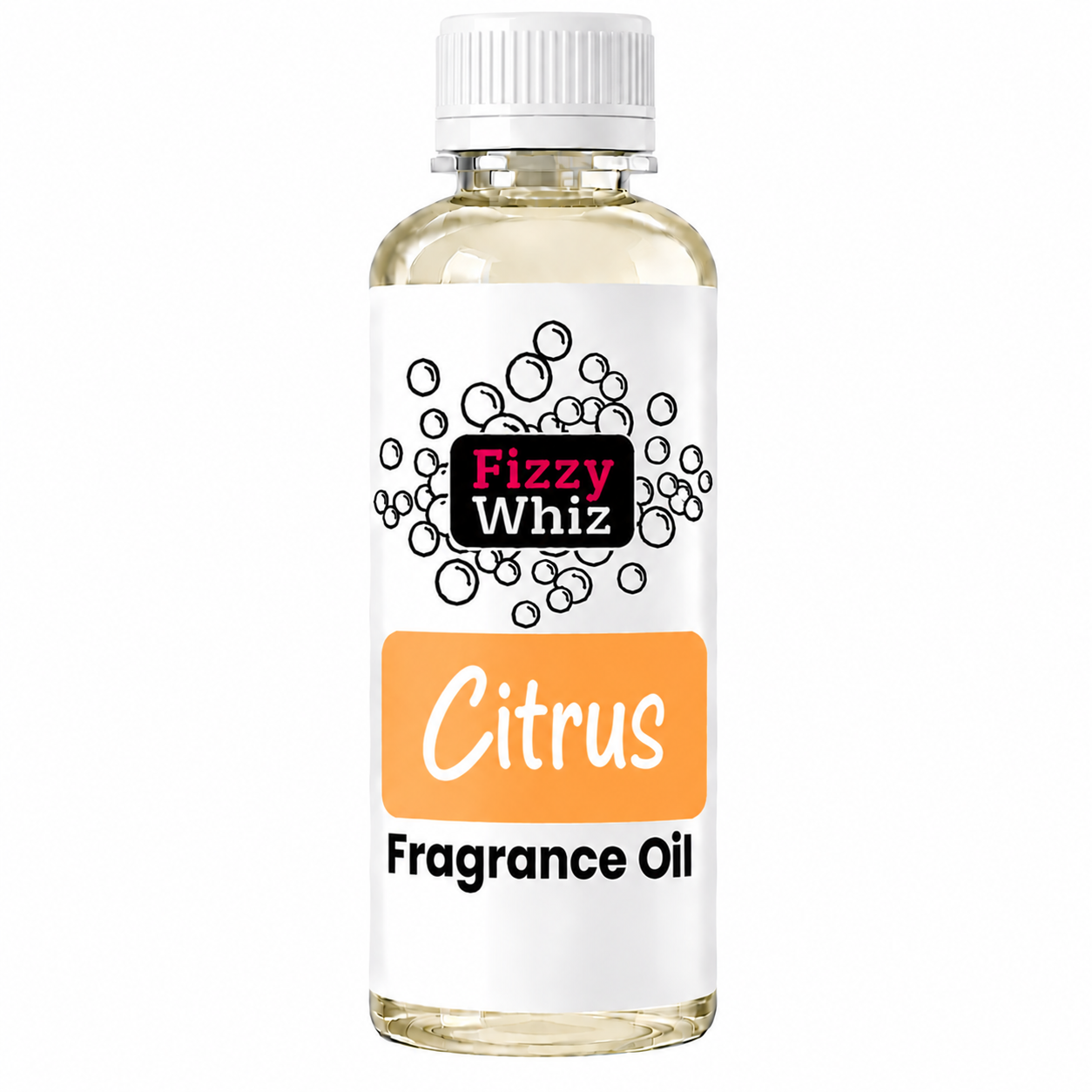 A bottle of Fizzy Whiz Citrus Fragrance Oil with a white cap and a white label featuring a black and orange design, set against a plain white background.