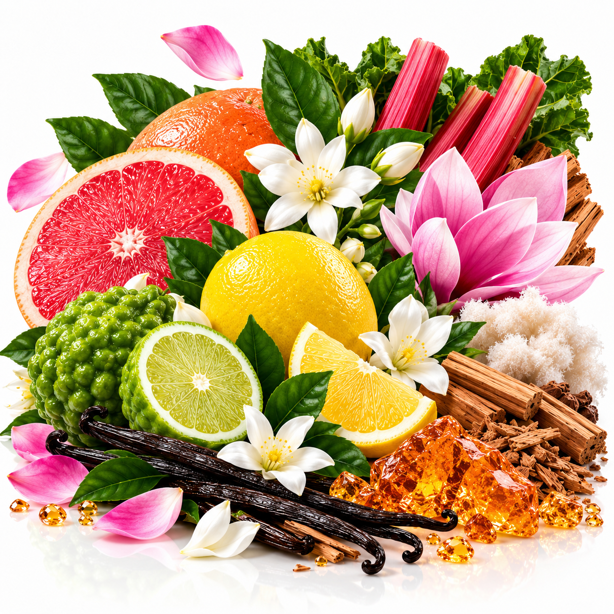 A vibrant still life arrangement of citrus fruits, rhubarb, vanilla beans, white flowers, green leaves, pink lotus petals, and amber honey crystals on a clean white background.