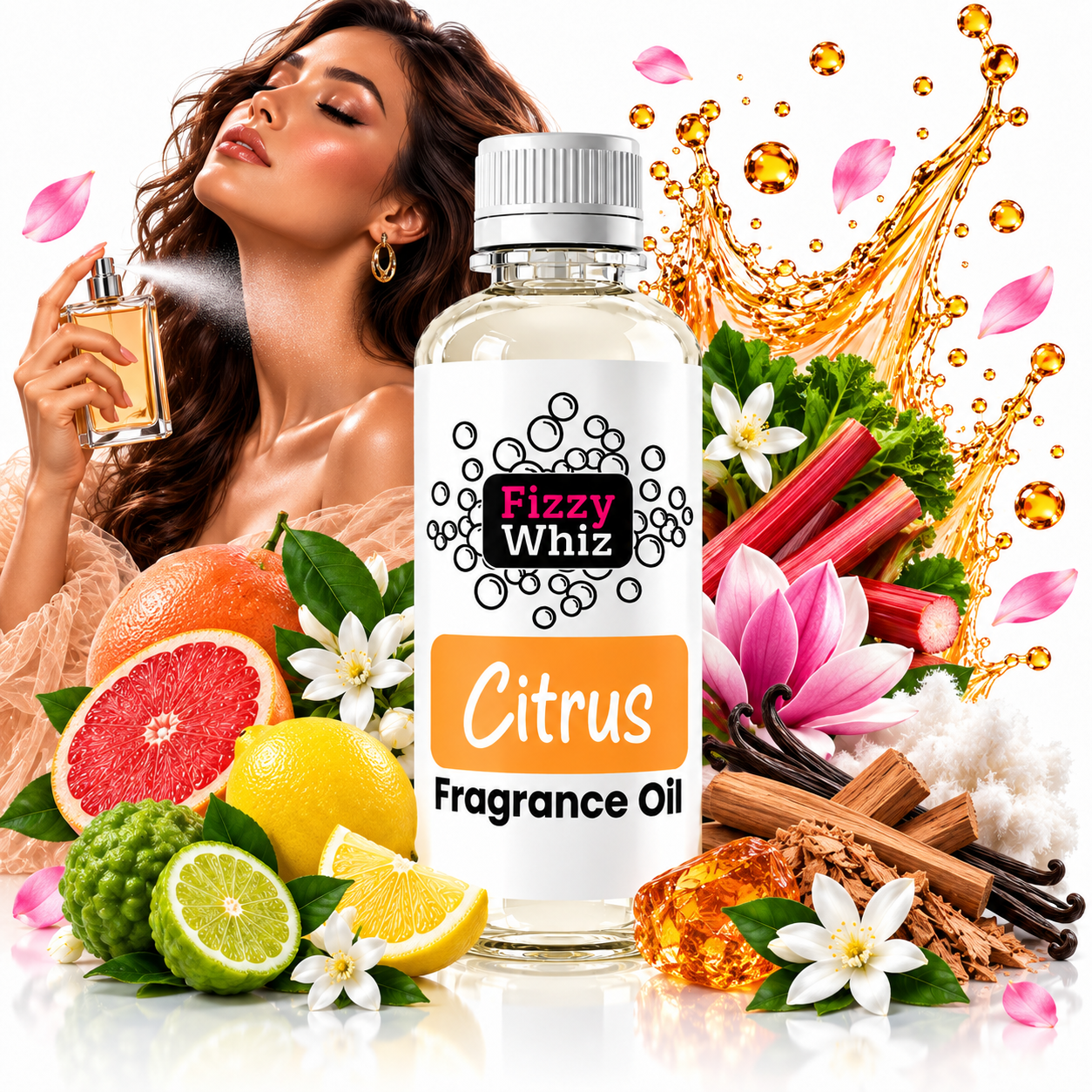 A bottle of Fizzy Whiz Citrus Fragrance Oil centered in a promotional composition, surrounded by citrus fruits, flowers, herbs, cinnamon sticks, and a woman holding a perfume spray bottle. The background is white with decorative golden liquid splashes and petals.