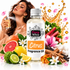 A bottle of Fizzy Whiz Citrus Fragrance Oil centered in a promotional composition, surrounded by citrus fruits, flowers, herbs, cinnamon sticks, and a woman holding a perfume spray bottle. The background is white with decorative golden liquid splashes and petals.