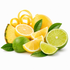 A fresh citrus fruit arrangement on a white background, including whole and sliced yellow lemons, a pineapple wedge, several lime halves and wedges, and green leaves.