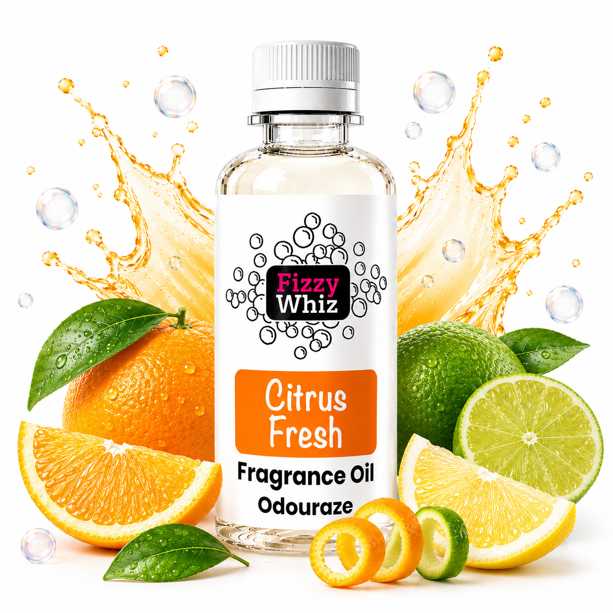 A bottle of Fizzy Whiz Citrus Fresh fragrance oil surrounded by citrus fruits, limes, and a dynamic splash of orange oil on a white background.