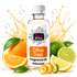A bottle of Fizzy Whiz Citrus Fresh fragrance oil surrounded by citrus fruits, limes, and a dynamic splash of orange oil on a white background.