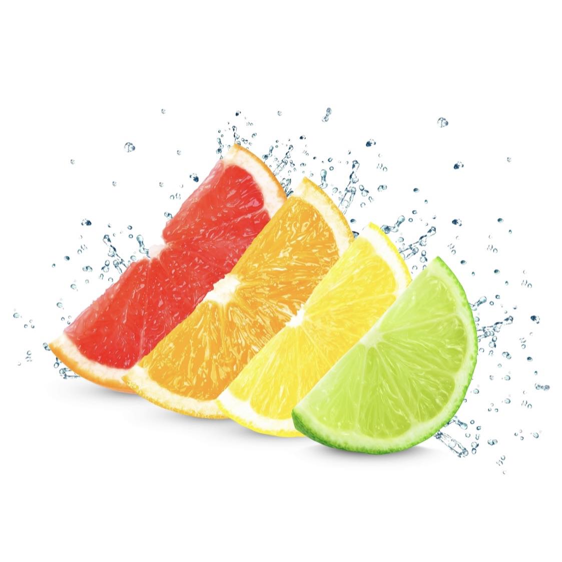 An image showing slices of citrus fruits including red grapefruit, orange, yellow lemon, and green lime with a splash of water around them, representing the freshness of the fragrance oil.