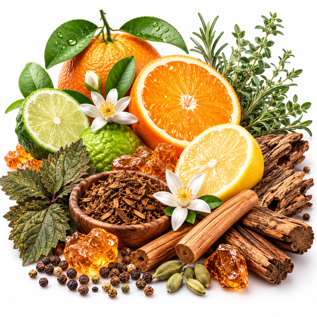 A styled arrangement of citrus fruits, whole and sliced oranges, lemons, limes, cinnamon sticks, rosemary sprigs, peppercorns, cardamom pods, amber crystals, and a small wooden bowl of brown bark or spice pieces on a clean white background.