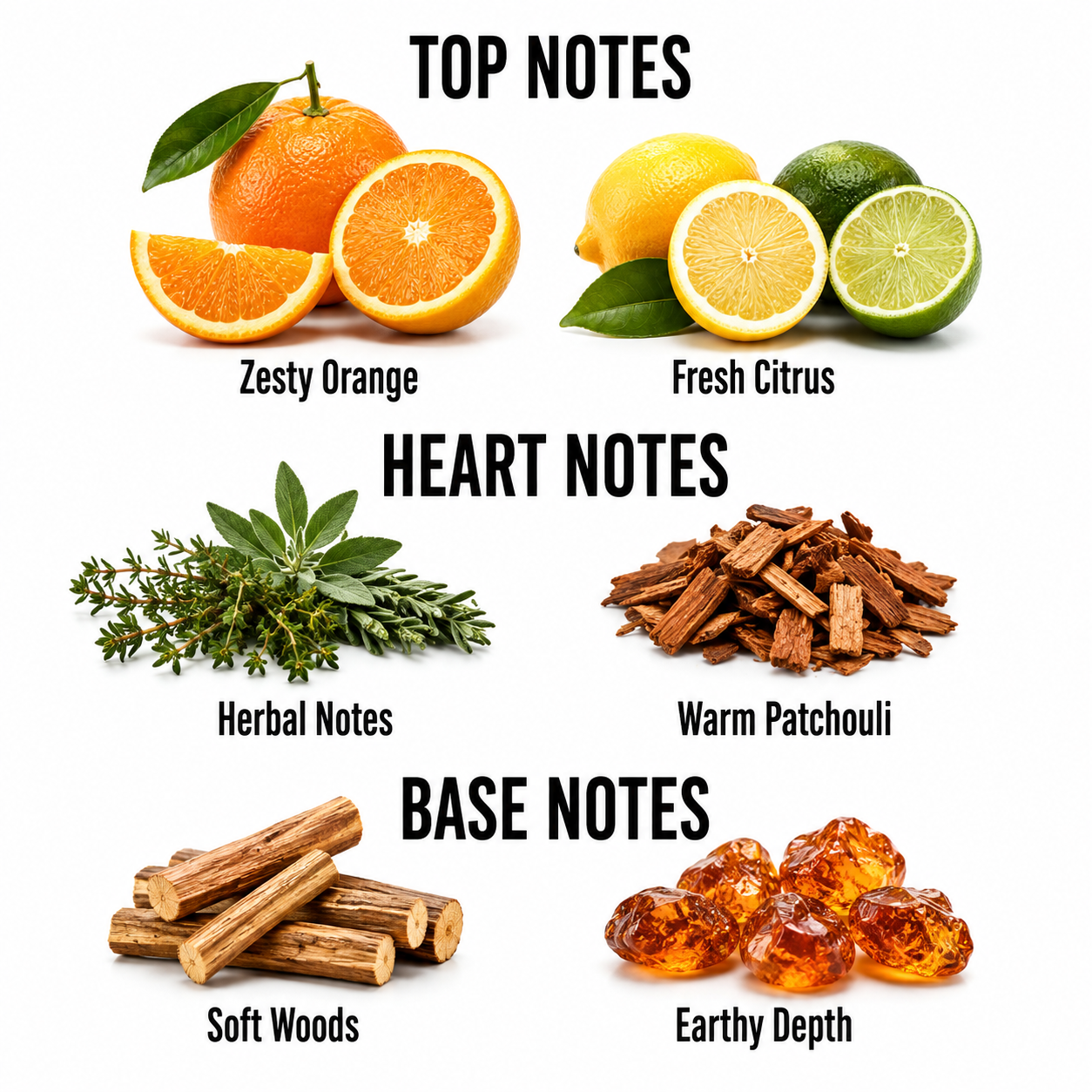 A fragrance notes graphic on a white background showing top, heart, and base notes with labeled illustrations: zesty orange, fresh citrus, herbal notes, warm patchouli, soft woods, and earthy depth.