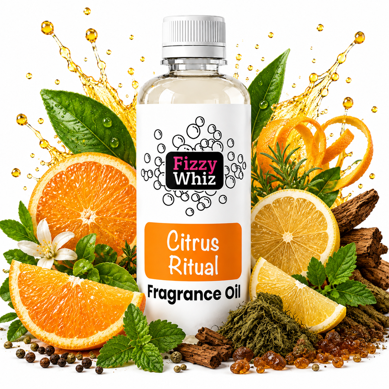 A bottle of Fizzy Whiz Citrus Ritual Fragrance Oil centered against a white background, surrounded by citrus slices, orange peels, mint leaves, cinnamon sticks, and dried botanicals with golden liquid splashes.