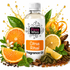 A bottle of Fizzy Whiz Citrus Ritual Fragrance Oil centered against a white background, surrounded by citrus slices, orange peels, mint leaves, cinnamon sticks, and dried botanicals with golden liquid splashes.