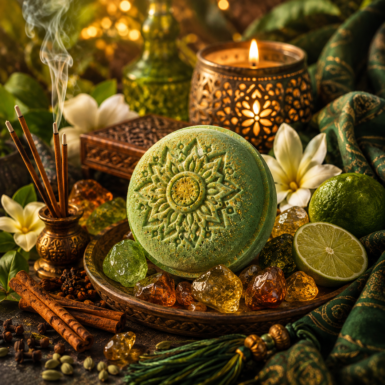 A round green bath bomb with an embossed mandala design sits on a wooden tray surrounded by crystals, a lit candle, incense sticks, limes, cinnamon sticks, and white flowers in a styled arrangement.