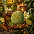 A round green bath bomb with an embossed mandala design sits on a wooden tray surrounded by crystals, a lit candle, incense sticks, limes, cinnamon sticks, and white flowers in a styled arrangement.