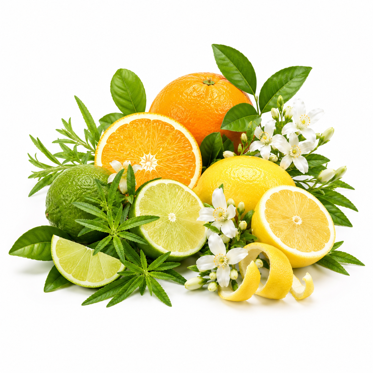 A vibrant arrangement of citrus fruits and green leaves on a clean white background, featuring whole and sliced oranges, lemons, limes, and small white blossoms.